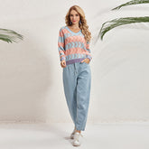 Women's Fashion Long Sleeves V Neck Pullover Sweaters Casual Loose Knitted Sweater Sai Feel